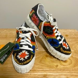 Farm Rio Black  Artisanal Flower Platform Sneakers